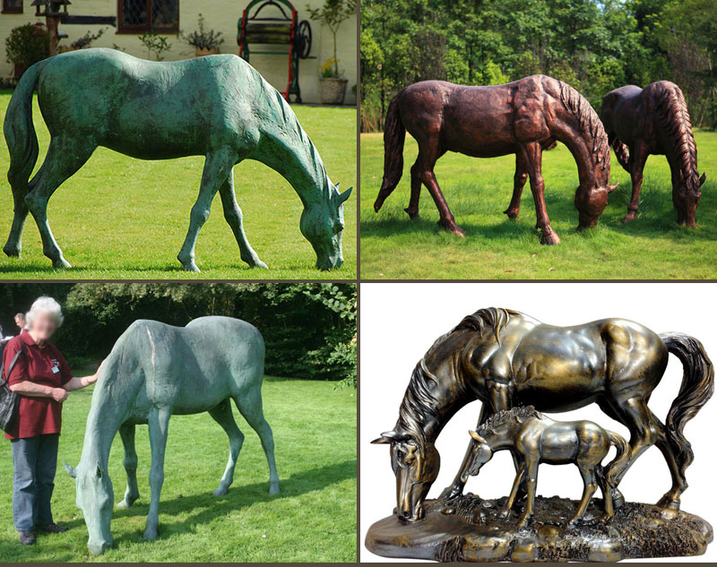 Outdoor bronze eating grass standing horse sculptures for garden