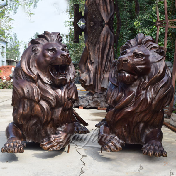 Large bronze lion statue at entrance for American customer